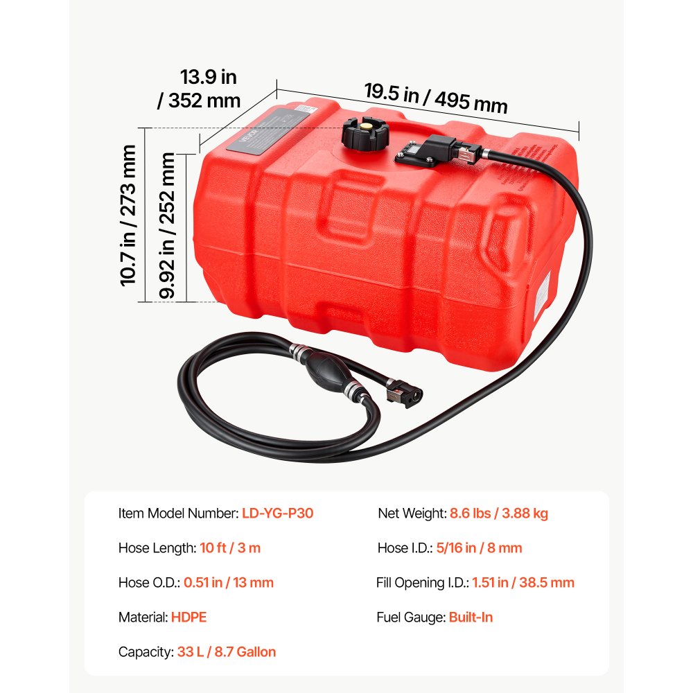 VEVOR Marine Fuel Tank, 33 L Boat Gas Tank Portable Outboard Gas Can, for Outboard Engine Boats, Yacht, Fishing Boat, Deck Boat, Gas Container, Fuel Gauge, Hose & Primer Bulb, Premium HDPE, Red
