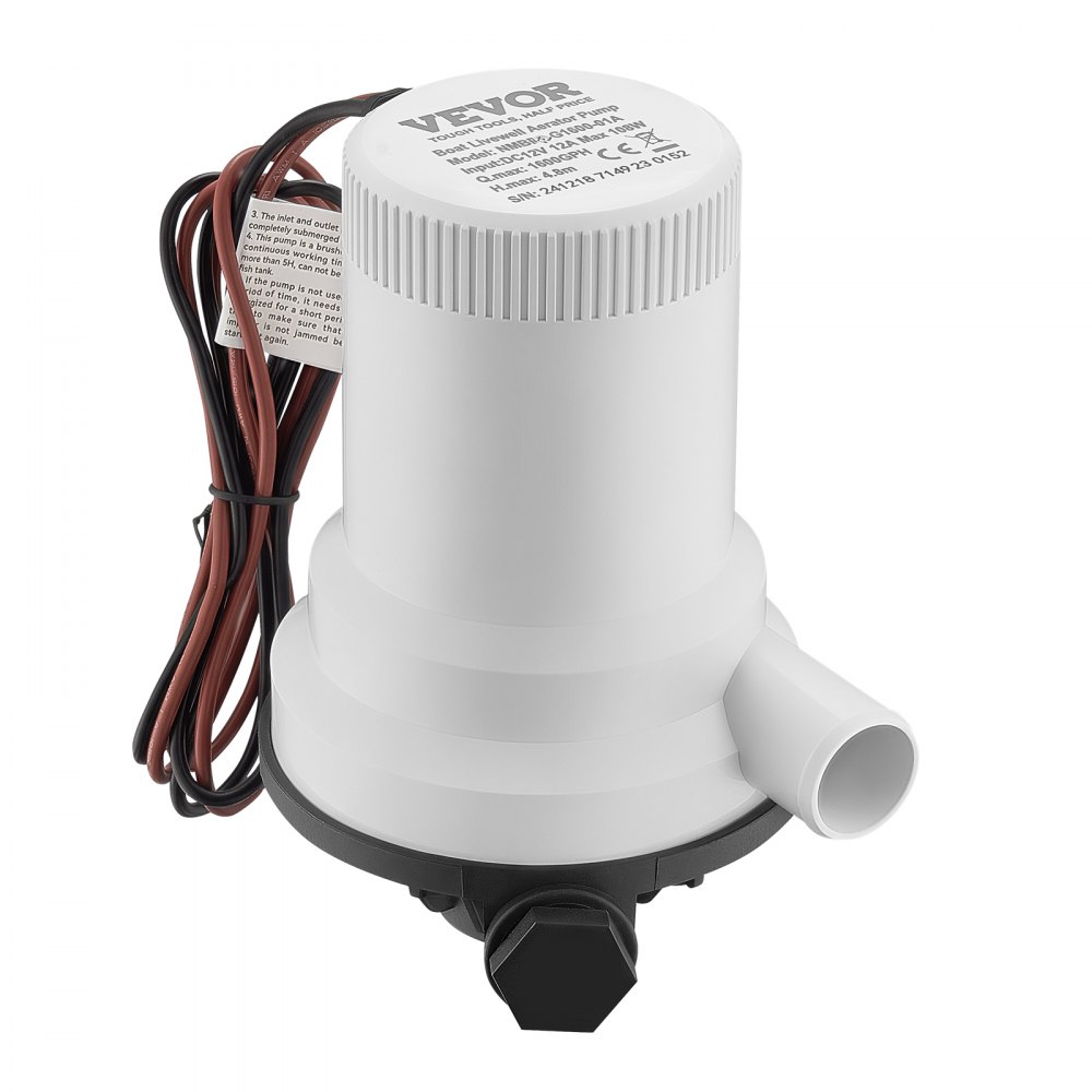 VEVOR Livewell Pump for Boat, 12V 1600 GPH Straight Livewell Aerator Pump with Dual Inlet, ABA Housing & Detachable Motor Cartridge, Corrosion-Resistant Livewell/Baitwell Pump for Freshwater Saltwater