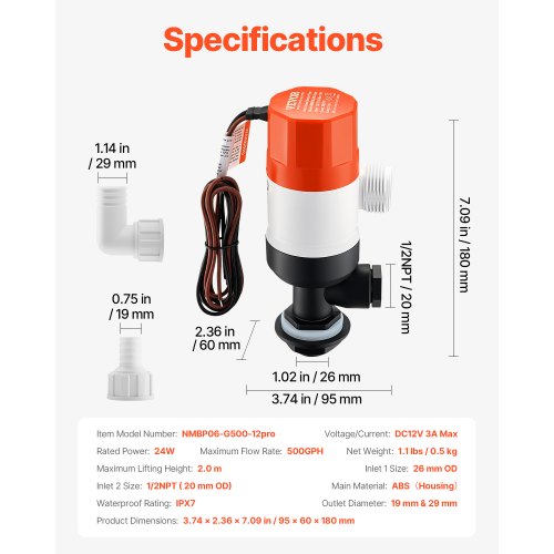 VEVOR Livewell Pump For Boat 12V 500 GPH Straight Livewell Aerator Pump With Dual Inlet Aba Housing For Freshwater Saltwater Cyhsb500gphzpkuiqv9