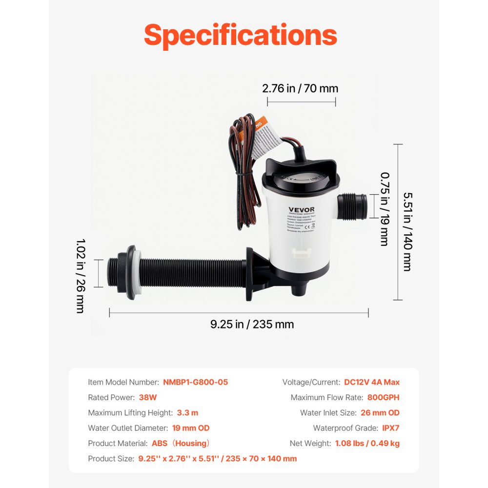 VEVOR Livewell Pump for Boat, 12V 800 GPH Livewell Aerator Pump with Detachable Motor, 90-Degree Baitwell Pumps for Boats, Corrosion-Resistant Submersible Aerator Pump, for Freshwater and Saltwater