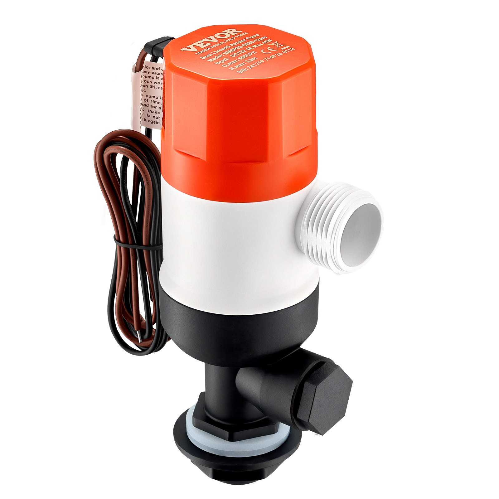 VEVOR Livewell Pump for Boat, 12V 50 L/min(800 GPH) Straight Livewell Aerator Pump with Dual Inlet, ABA Housing & Detachable Motor Cartridge, Corrosion-Resistant Livewell/Baitwell Pump for Freshwater Saltwater