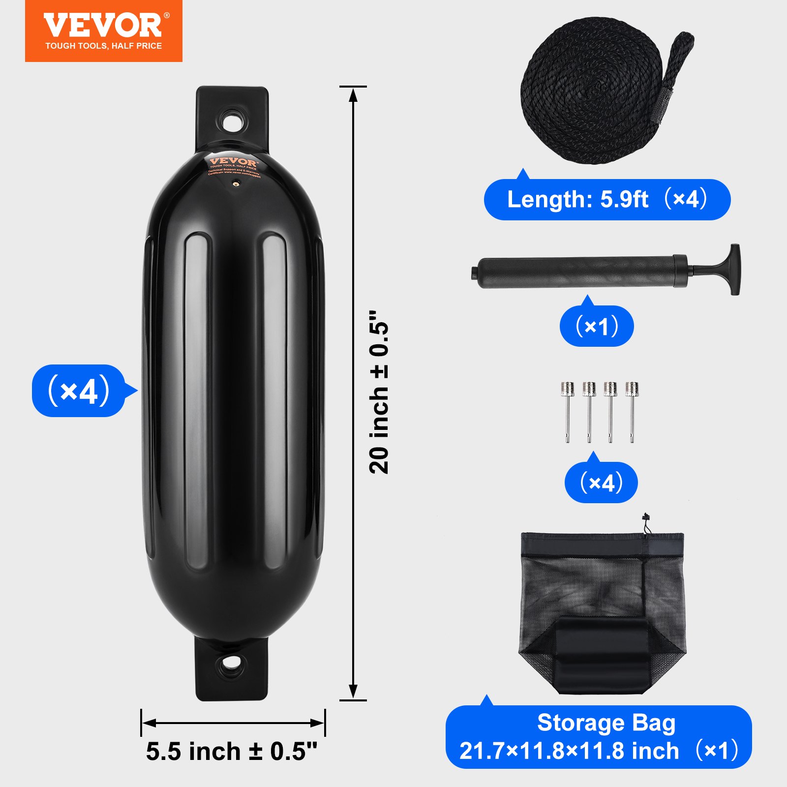 VEVOR Boat Fenders, 14 cm x 51 cm Boat Bumpers for Docking, Inflatable Ribbed Fender with Center Holes, Marine Boat Dock Fender Bumper with Air Pump, 4 Needles and 4 Ropes and Storage Bag, Black