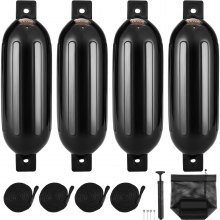 VEVOR Boat Fenders, 6.5" x 23" Boat Bumpers for Docking, Inflatable Ribbed Fender with Center Holes, Marine Boat Dock Fender Bumper with Air Pump, 4 Needles and 4 Ropes and Storage Bag, Black