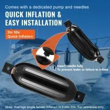 VEVOR Boat Fenders, 8.5" x 26" Boat Bumpers for Docking, Inflatable Ribbed Fender with Center Holes, Marine Boat Dock Fender Bumper with Air Pump, 4 Needles and 4 Ropes and Storage Bag, Black