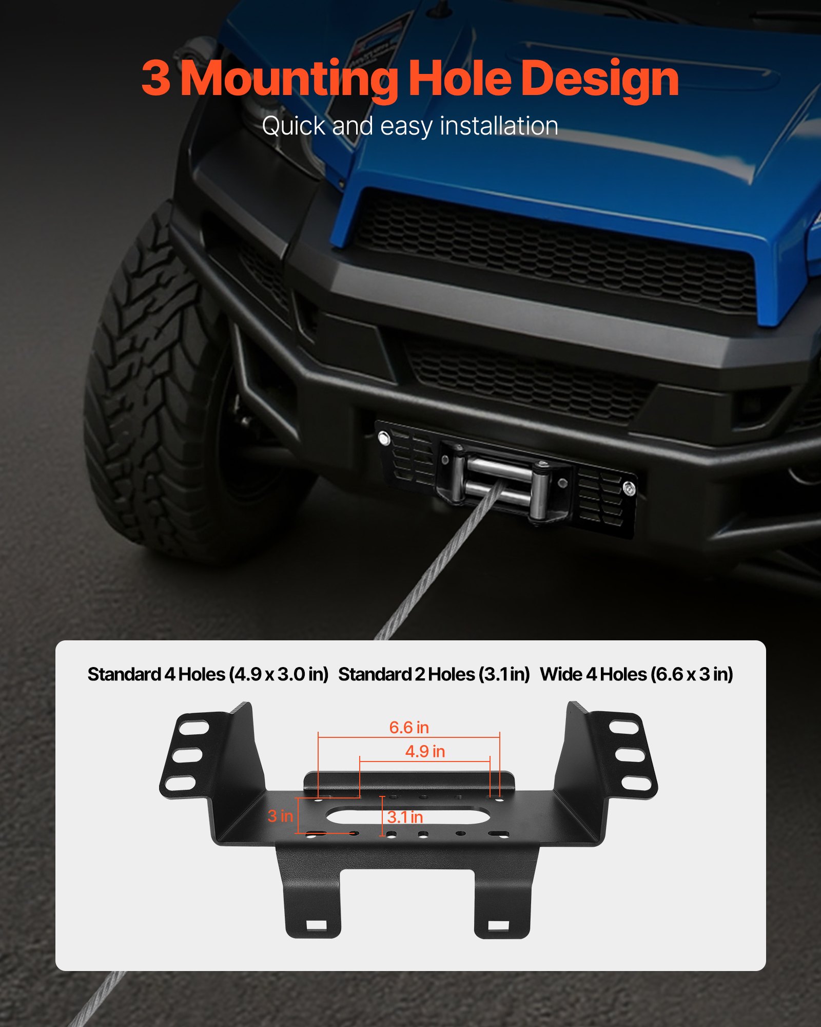 VEVOR Winch Mount, Winch Capacity of 907-1633 kg, Trailer Hitch Winch Mount for Select Polaris Ranger Models (2010-2021), 3 Mounting Hole Design, Powder Coated Steel, Fit for Muddy Road Rescue