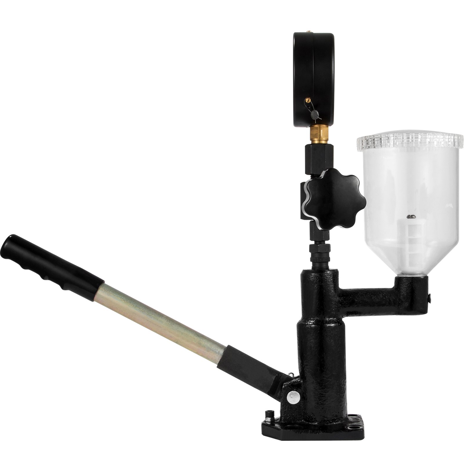 VEVOR diesel fuel injector tester with gauge and handle, black and transparent components.