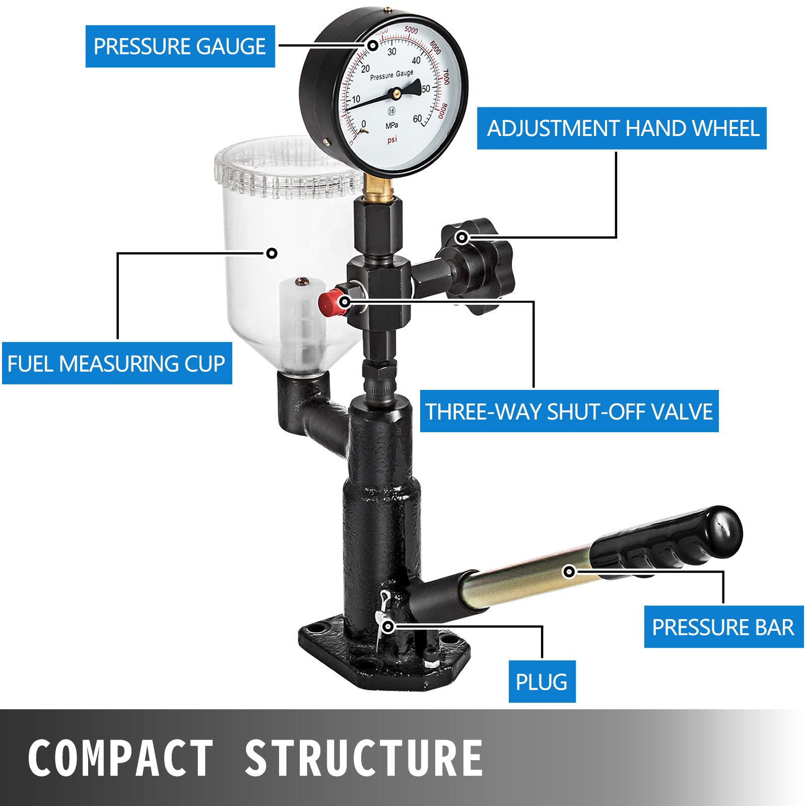 VEVOR diesel fuel injector tester with pressure gauge and fuel measuring cup.