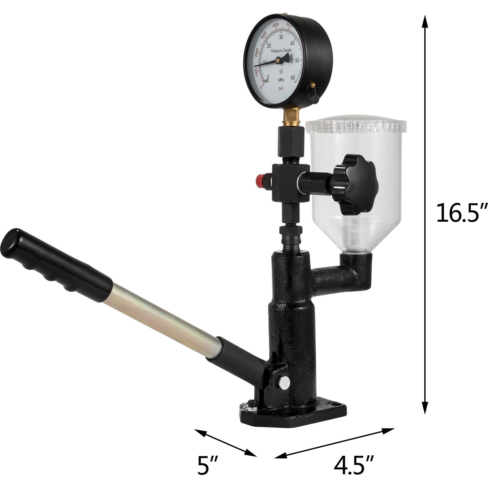 VEVOR diesel fuel injector tester with pressure gauge, handle, and clear fuel reservoir.
