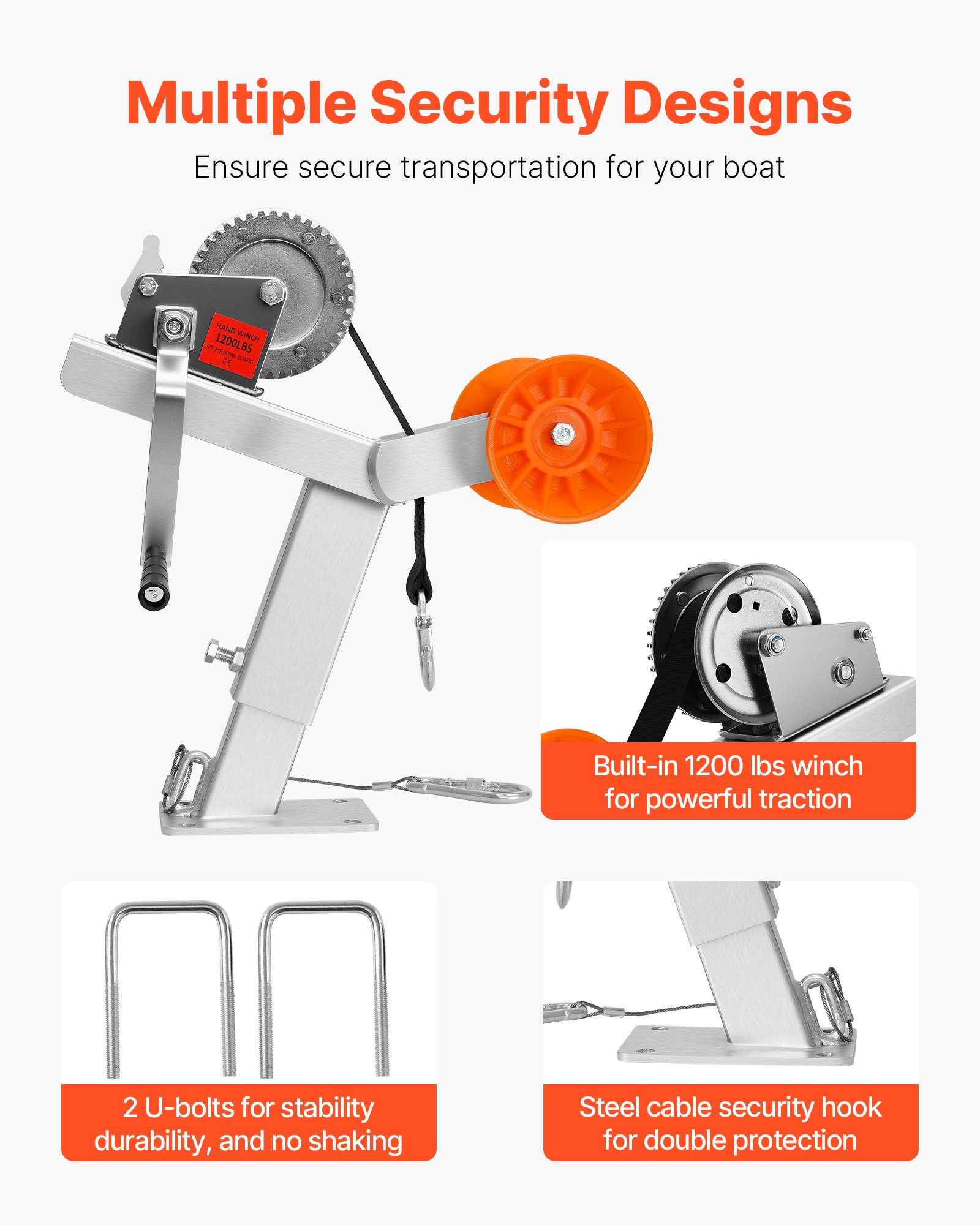 VEVOR Boat Trailer Winch Stand with Roller, 544 kg Winch & 51 mm x 7.6 m Winch Strap, Boat Winch Mount with U-Bolt for 50.8-76.2 mm W x 76.2-101.6 mm H Trailer Tongue, Fit for Jet Ski, Sailboat, Speedboat