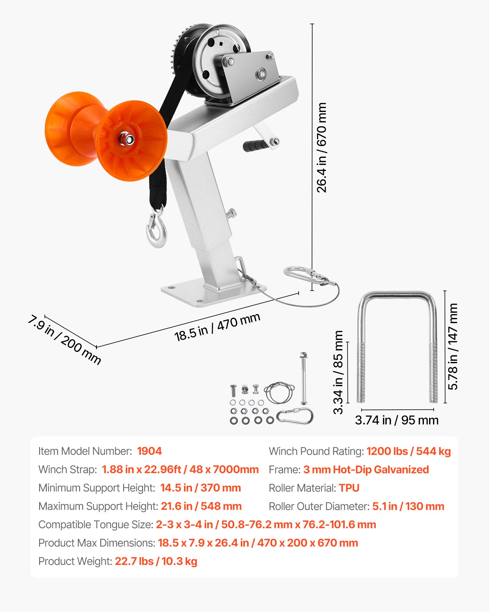 VEVOR Boat Trailer Winch Stand with Roller, 544 kg Winch & 51 mm x 7.6 m Winch Strap, Boat Winch Mount with U-Bolt for 50.8-76.2 mm W x 76.2-101.6 mm H Trailer Tongue, Fit for Jet Ski, Sailboat, Speedboat