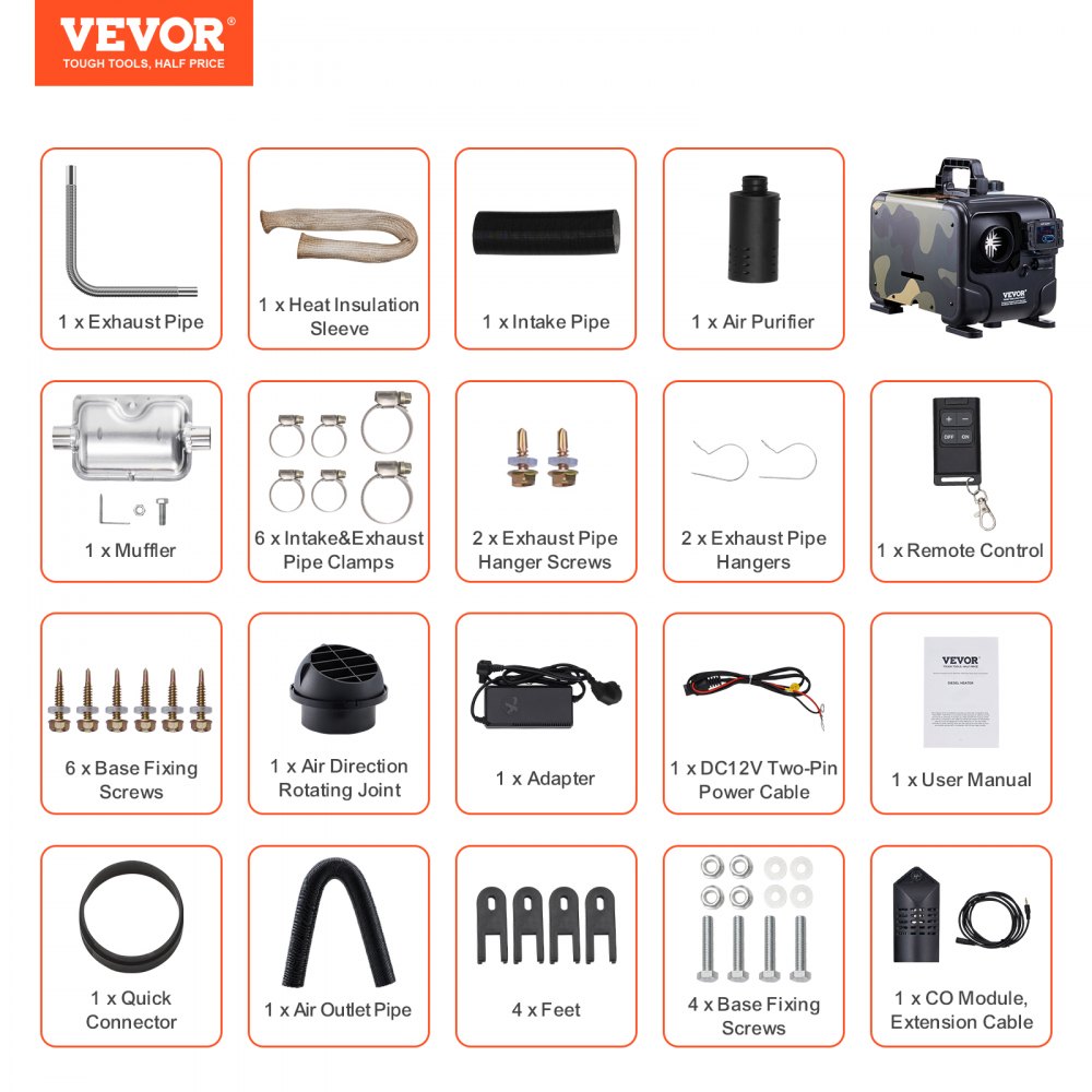 VEVOR 8KW naftový ohrievač, 12V/24V univerzálny naftový ohrievač vzduchu, ovládanie cez Bluetooth aplikáciu, diaľkové ovládanie a displej, alarm CO, rýchloohrievací horizontálny prenosný naftový ohrievač pre vozidlá, garáž