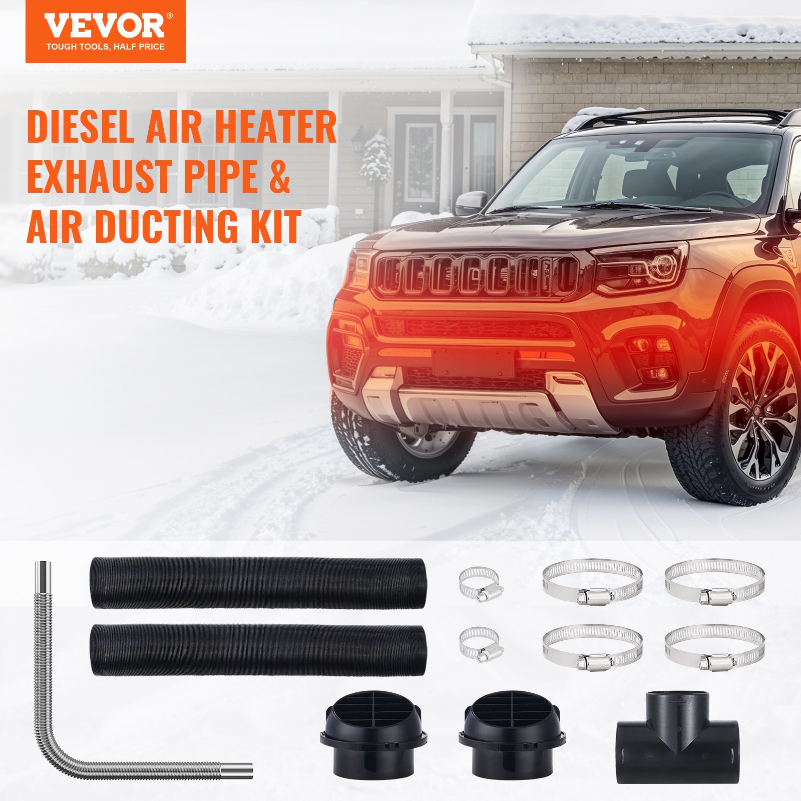 VEVOR Diesel Heater Pipe Ducting Set, 75 mm Extendable Air Duct Hose, 25 mm Stainless Steel Exhaust Pipe, 2 Air Vents, Tee Air Outlet Connector and Hose Clamps, for 2KW/5KW/8KW Diesel Parking Heaters