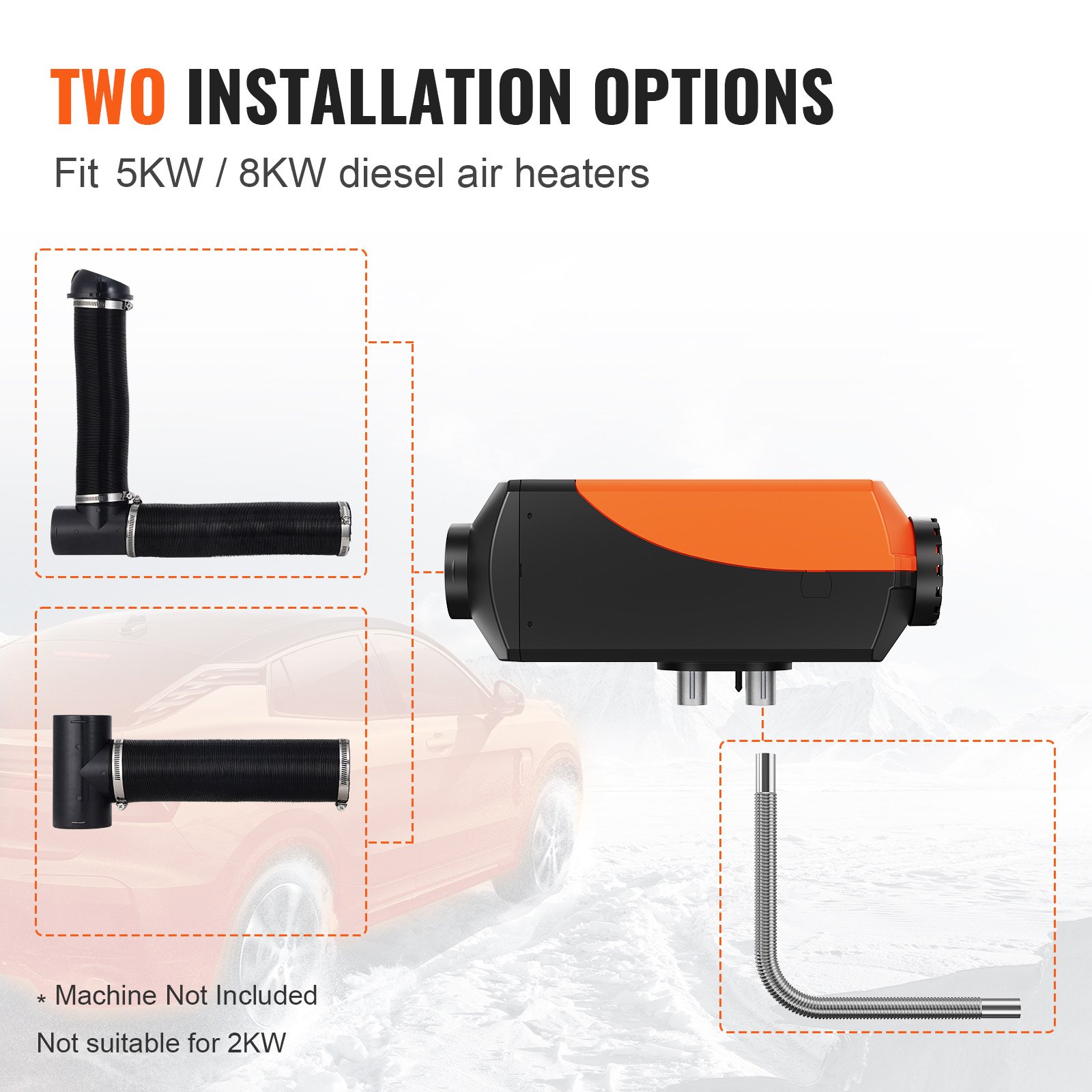 VEVOR Diesel Heater Pipe Ducting Set, 75 mm Extendable Air Duct Hose, 25 mm Stainless Steel Exhaust Pipe, 2 Air Vents, Tee Air Outlet Connector and Hose Clamps, for 2KW/5KW/8KW Diesel Parking Heaters