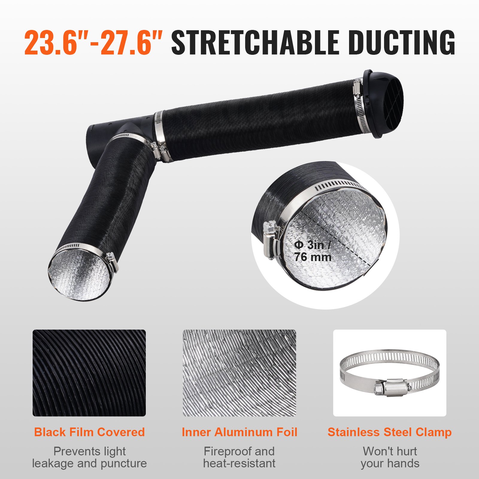 VEVOR Diesel Heater Pipe Ducting Set, 75 mm Extendable Air Duct Hose, 25 mm Stainless Steel Exhaust Pipe, 2 Air Vents, Tee Air Outlet Connector and Hose Clamps, for 2KW/5KW/8KW Diesel Parking Heaters