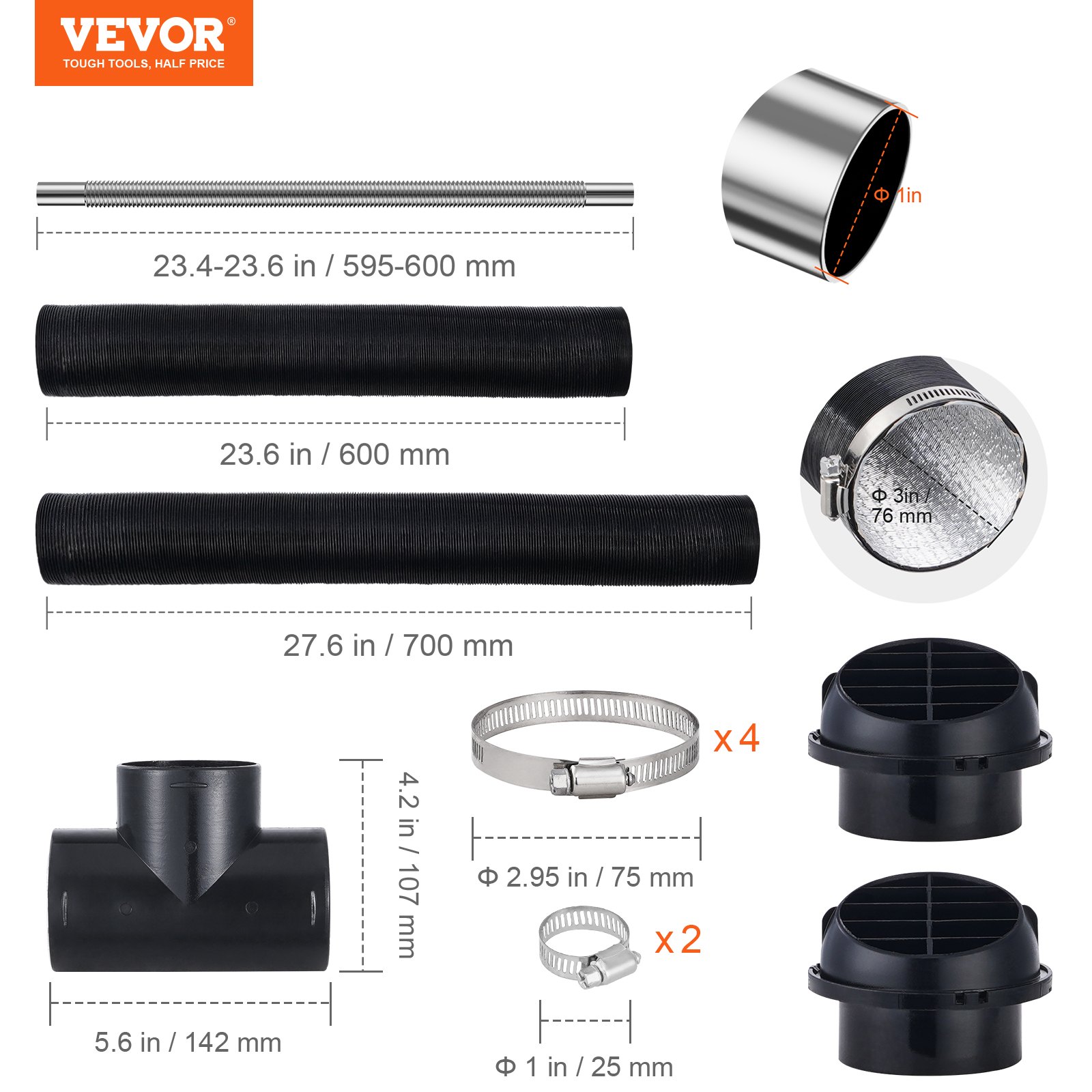 VEVOR Diesel Heater Pipe Ducting Set, 75 mm Extendable Air Duct Hose, 25 mm Stainless Steel Exhaust Pipe, 2 Air Vents, Tee Air Outlet Connector and Hose Clamps, for 2KW/5KW/8KW Diesel Parking Heaters