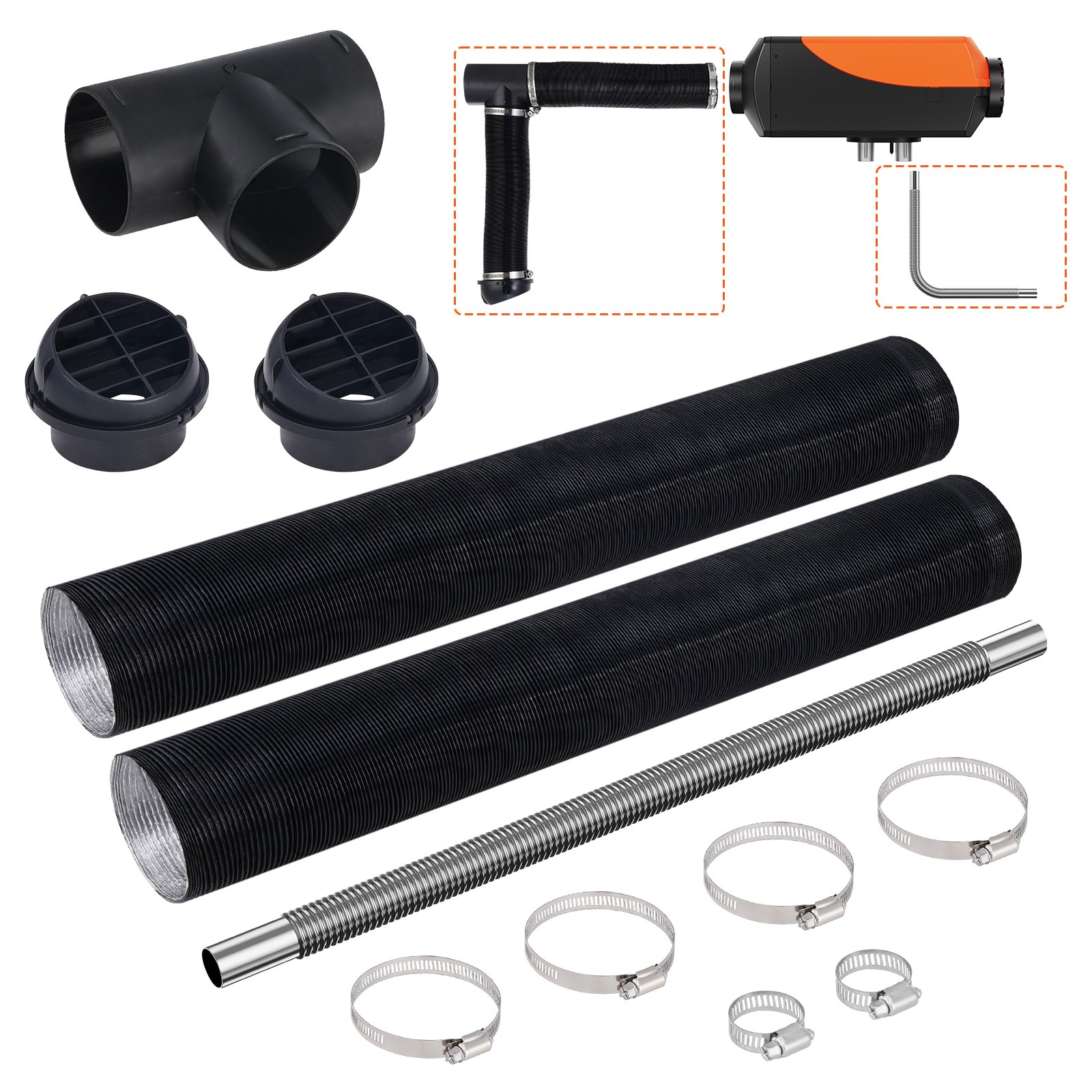 VEVOR Diesel Heater Pipe Ducting Set, 75 mm Extendable Air Duct Hose, 25 mm Stainless Steel Exhaust Pipe, 2 Air Vents, Tee Air Outlet Connector and Hose Clamps, for 2KW/5KW/8KW Diesel Parking Heaters