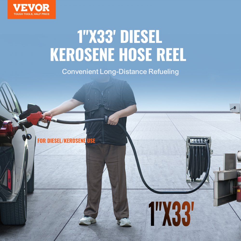 VEVOR Fuel Hose Reel 1 x 33' Extra Long Retractable Diesel Hose Reel Heavy-Duty Carbon Steel Construction with Automatic Fuel Nozzle NBR Rubber