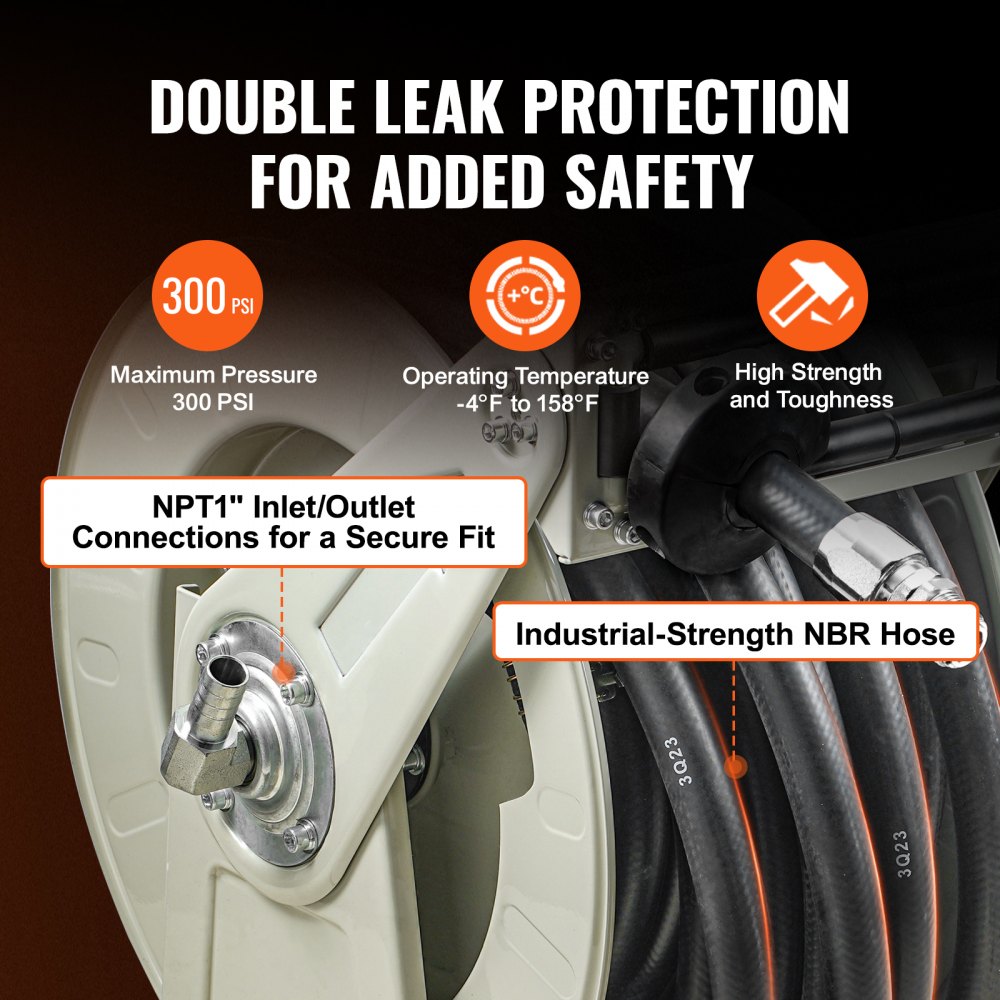 VEVOR fuel hose reel with industrial-strength nbr hose, 300 psi, and npt1&quot; inlet/outlet connections.