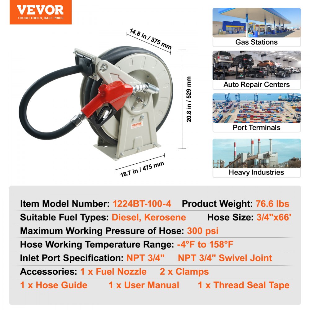 VEVOR fuel hose reel with red nozzle for diesel and kerosene, suitable for gas stations and heavy industries