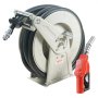 VEVOR fuel hose reel with heavy-duty metal casing and black hose, alongside red fuel nozzle.