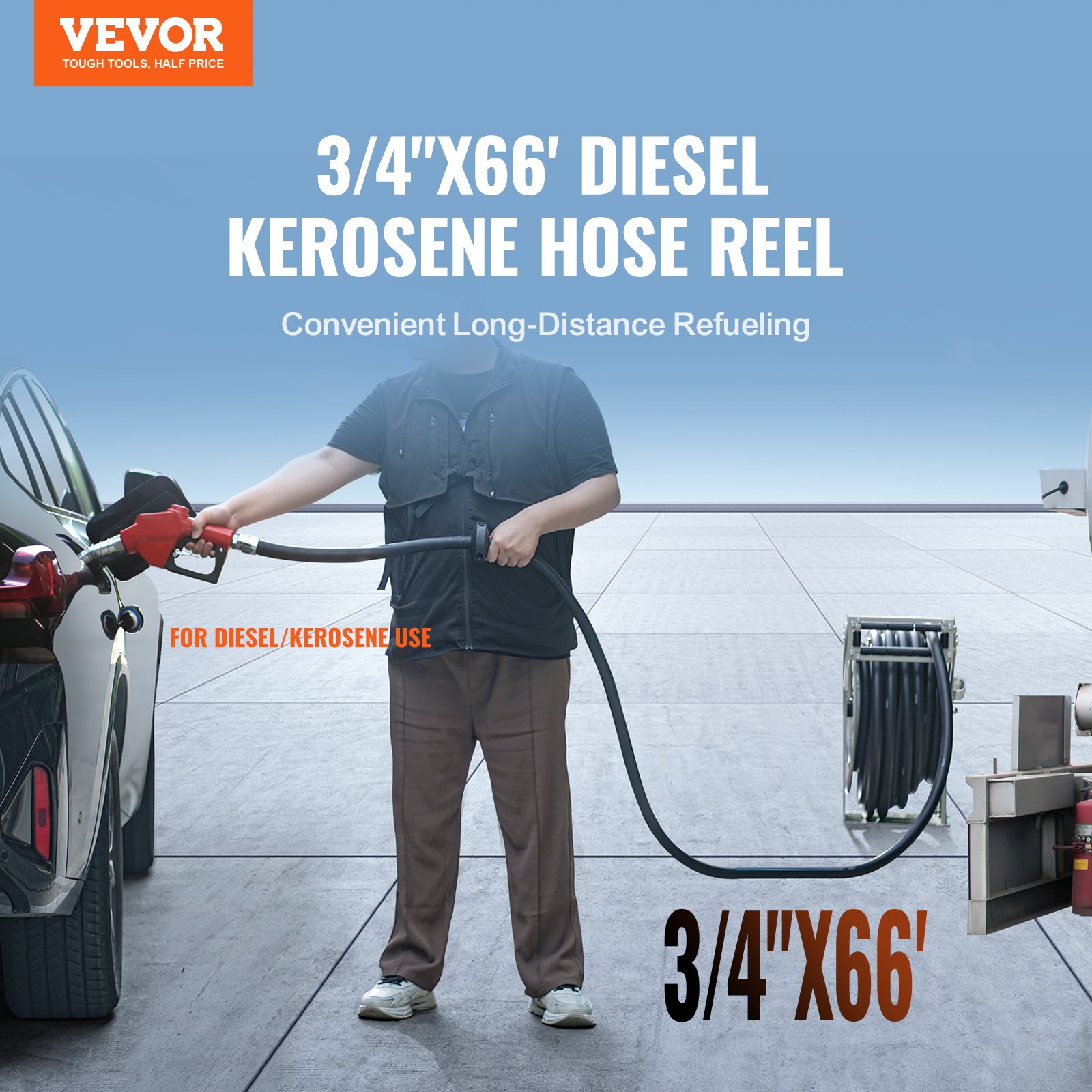 VEVOR fuel hose reel 3/4&quot;x66&#039; in use, refueling a car on a paved surface for diesel/kerosene.