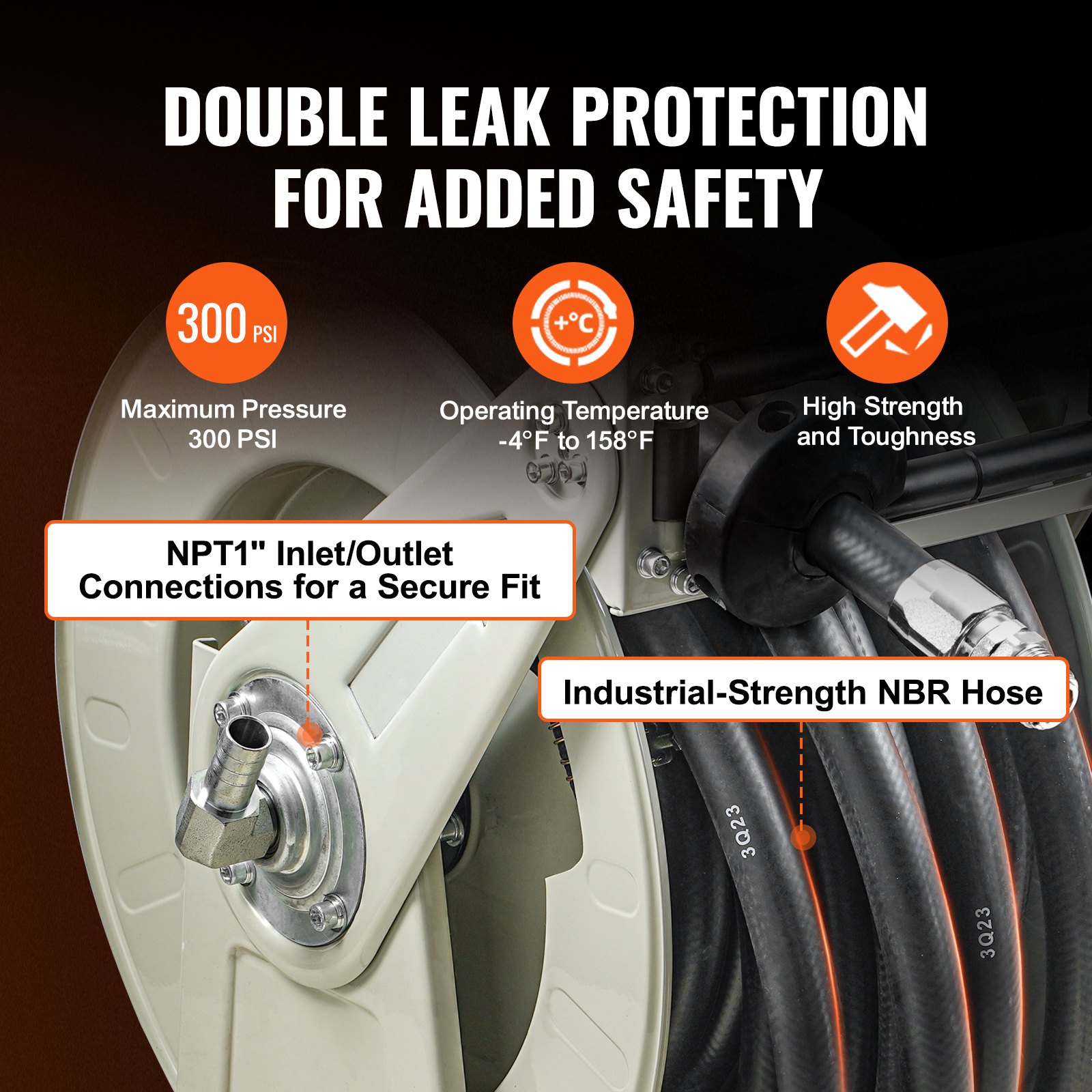 VEVOR fuel hose reel with industrial-strength nbr hose, 300 psi, and npt1&quot; inlet/outlet connections.