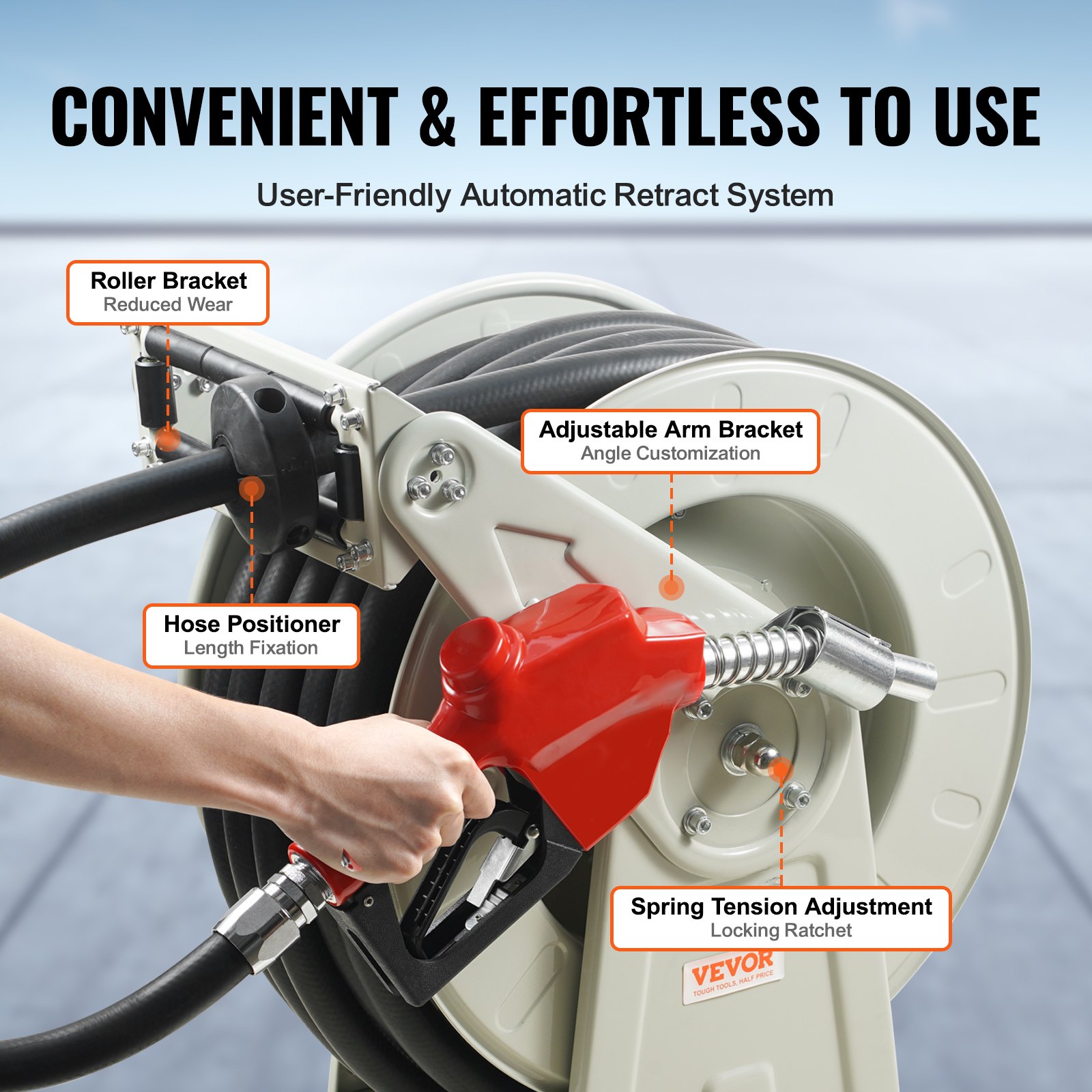 VEVOR fuel hose reel with adjustable arm bracket, roller bracket, hose positioner, and spring tension adjustment.