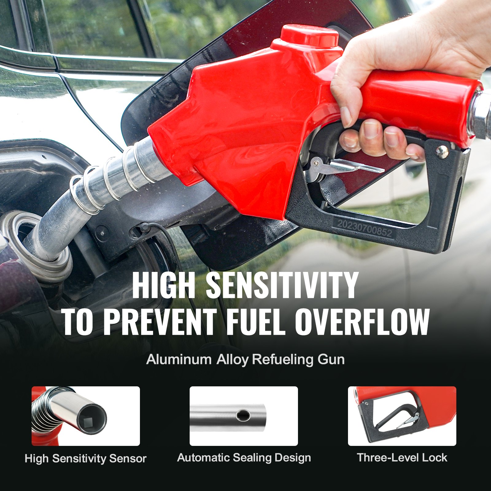 high sensitivity fuel nozzle refueling a vehicle, featuring aluminum alloy and automatic sealing design.