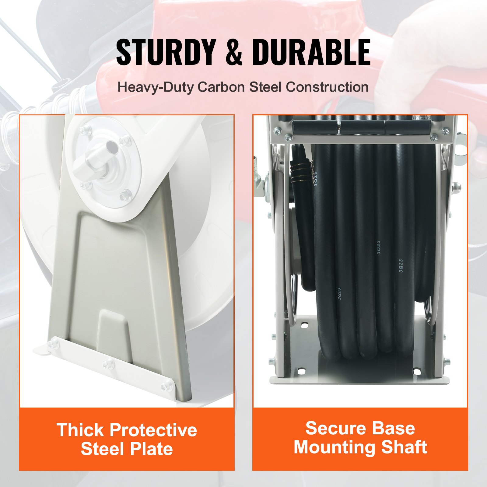 VEVOR fuel hose reel with carbon steel construction, thick steel plate, and secure base mounting shaft.