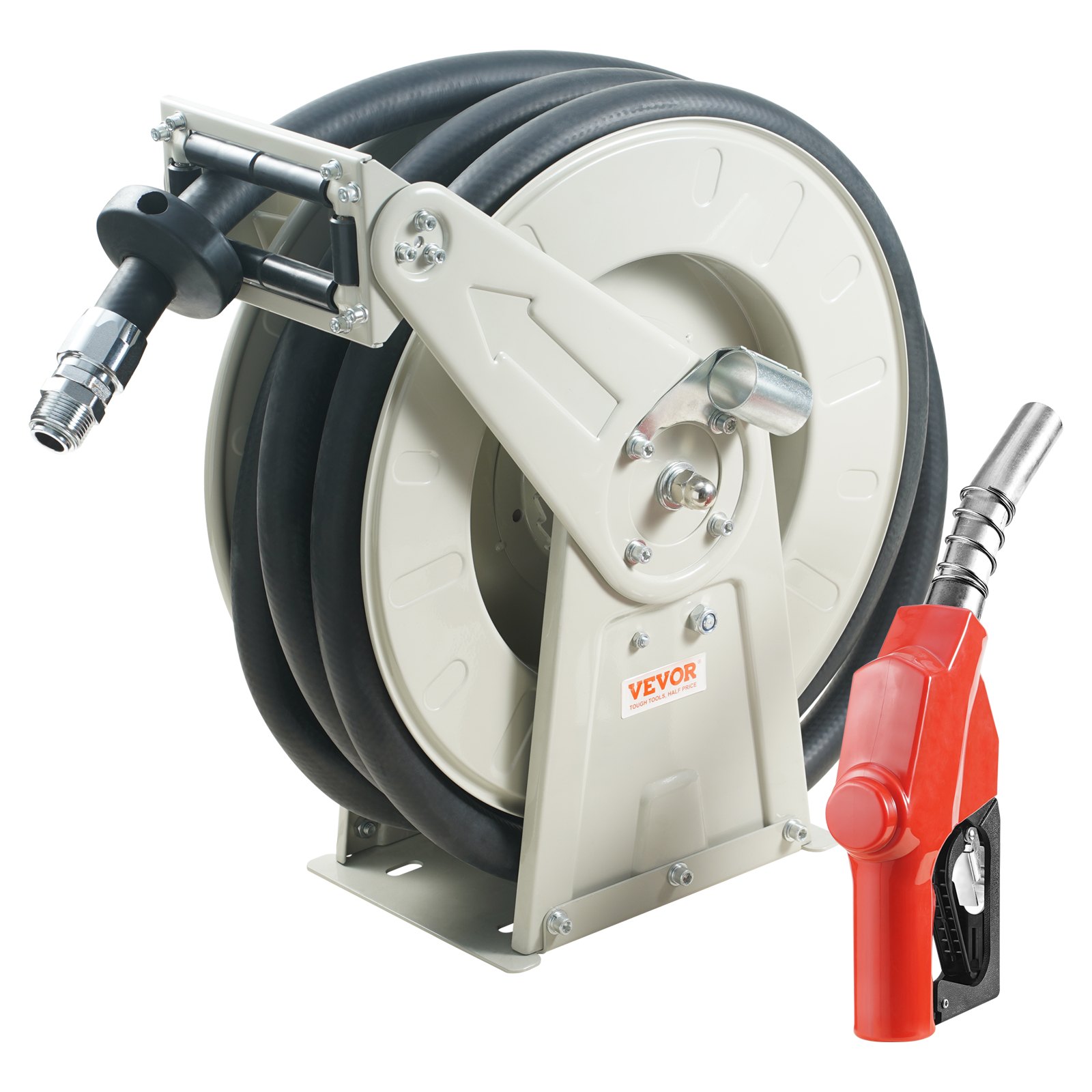 VEVOR fuel hose reel with heavy-duty hose and red fuel nozzle for efficient dispensing.