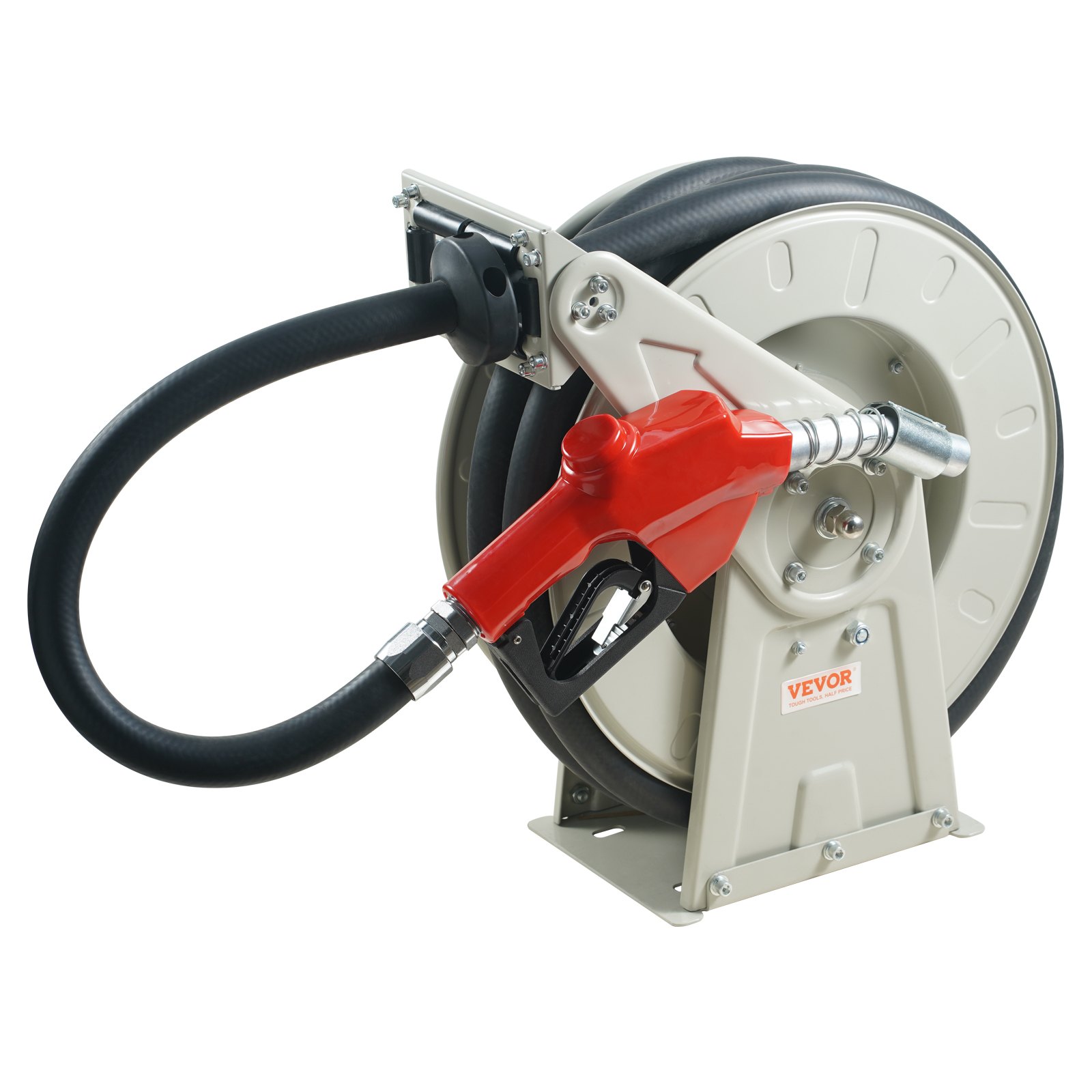 VEVOR fuel hose reel with red dispenser and black hose on a metal mounting base.