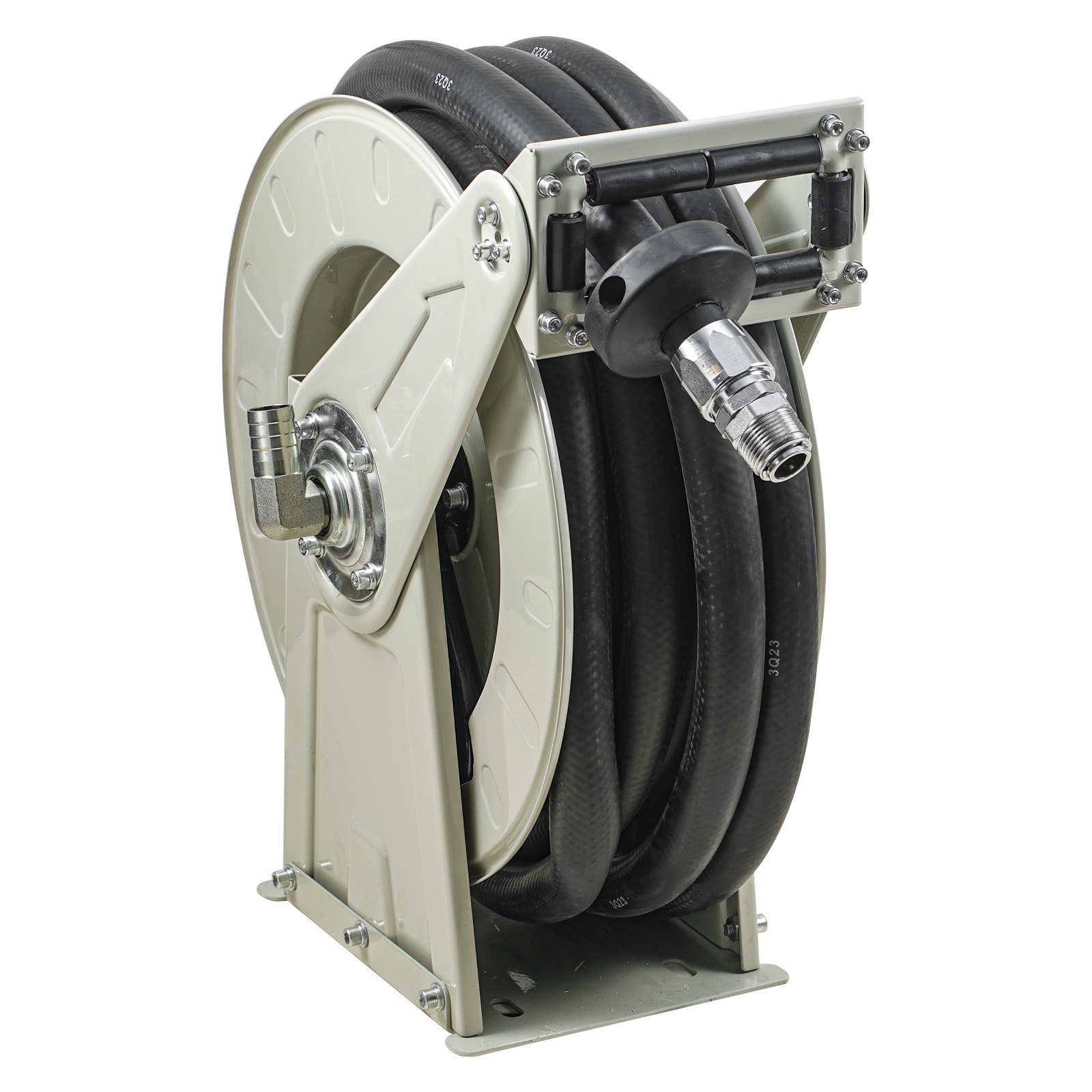 VEVOR fuel hose reel with black hose and metal mounting bracket.