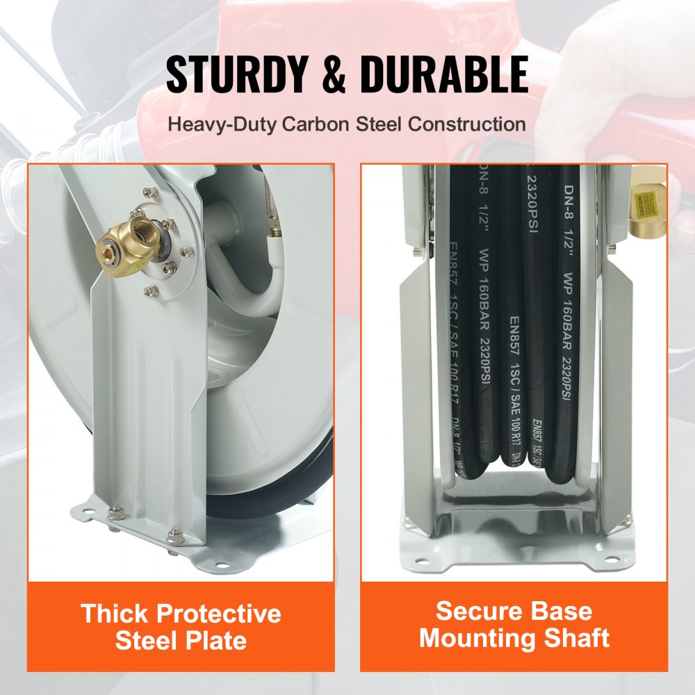 VEVOR Fuel Hose Reel, 1/2" x 50', Extra Long Retractable Machine Oil Hose Reel, Spring Driven Auto Swivel Rewind, Heavy-Duty Carbon Steel Construction with Hose for Auto Repair, Industries, 2300 PSI