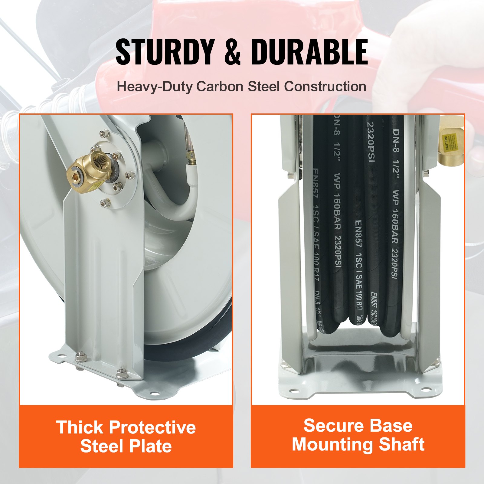 VEVOR Fuel Hose Reel, 1/2" x 50', Extra Long Retractable Machine Oil Hose Reel, Spring Driven Auto Swivel Rewind, Heavy-Duty Carbon Steel Construction with Hose for Auto Repair, Industries, 2300 PSI
