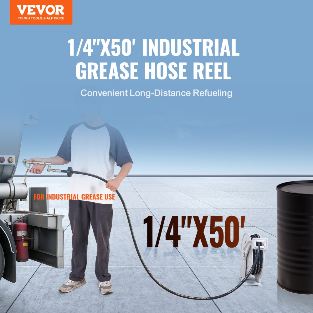 VEVOR Fuel Hose Reel, 1/4 x 50', Extra Long Retractable Grease Hose Reel,  Spring Driven Auto Swivel Rewind, Heavy-Duty Carbon Steel Construction with  Hose for Auto Repair, Heavy Industries, 5800 PSI