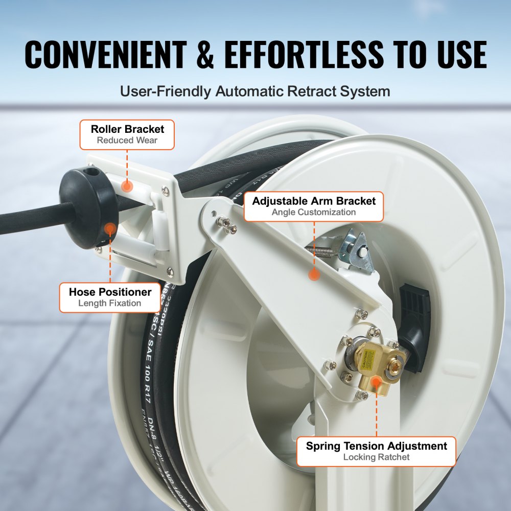 VEVOR Fuel Hose Reel, 1/4" x 50', Extra Long Retractable Grease Hose Reel, Spring Driven Auto Swivel Rewind, Heavy-Duty Carbon Steel Construction with Hose for Auto Repair, Heavy Industries, 5800 PSI