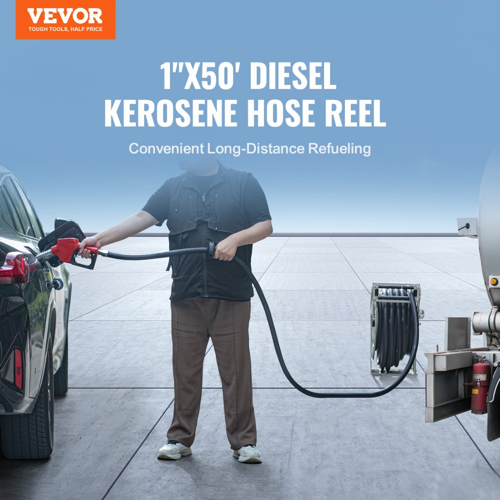 VEVOR Fuel Hose Reel, 1 x 50', Extra Long Retractable Diesel Hose Reel,  Heavy-Duty Carbon Steel Construction with Automatic Fuel Nozzle, NBR Rubber