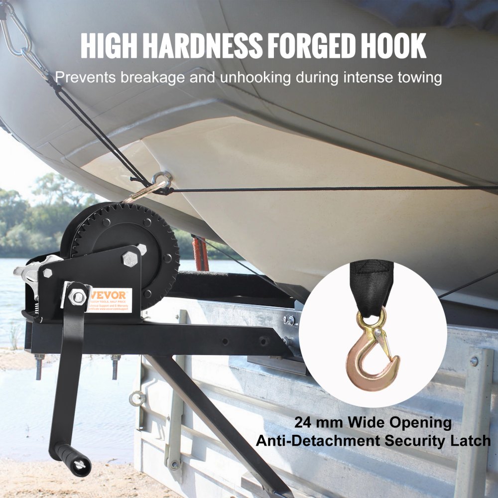 VEVOR Hand Winch, 544.3 kg Pulling Capacity, Boat Trailer Winch Heavy Duty Rope Crank with 701 cm Polyester Strap and Two-Way Ratchet, Manual Operated Hand Crank Winch for Trailer, Boat or ATV Towing