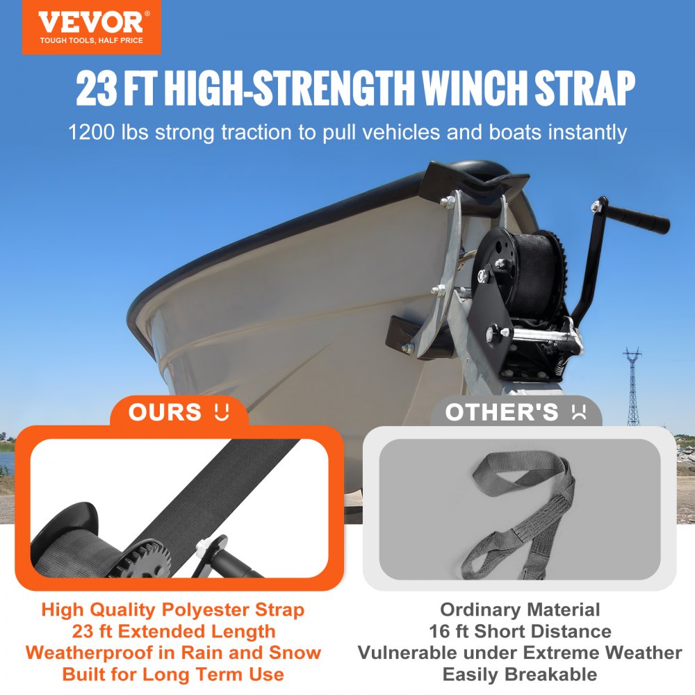 VEVOR Hand Winch, 544.3 kg Pulling Capacity, Boat Trailer Winch Heavy Duty Rope Crank with 7 m Polyester Strap and Two-Way Ratchet, Manual Operated Hand Crank Winch for Trailer, Boat or ATV Towing