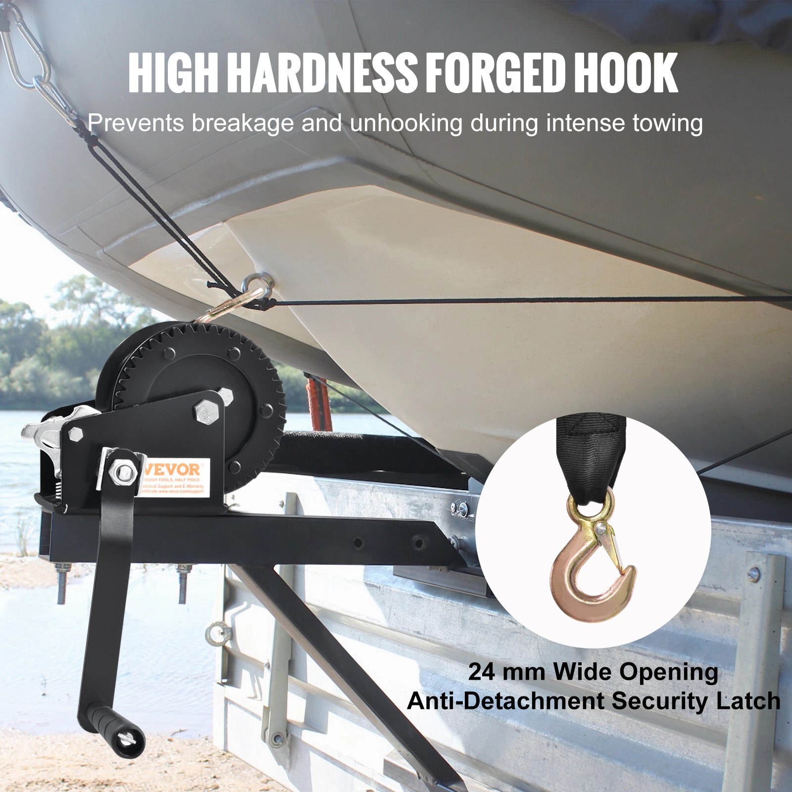 VEVOR Hand Winch, 544.3 kg Pulling Capacity, Boat Trailer Winch Heavy Duty Rope Crank with 701 cm Polyester Strap and Two-Way Ratchet, Manual Operated Hand Crank Winch for Trailer, Boat or ATV Towing