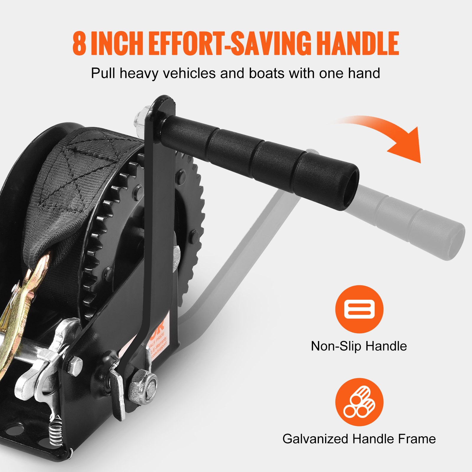 VEVOR Hand Winch, 544.3 kg Pulling Capacity, Boat Trailer Winch Heavy Duty Rope Crank with 7 m Polyester Strap and Two-Way Ratchet, Manual Operated Hand Crank Winch for Trailer, Boat or ATV Towing