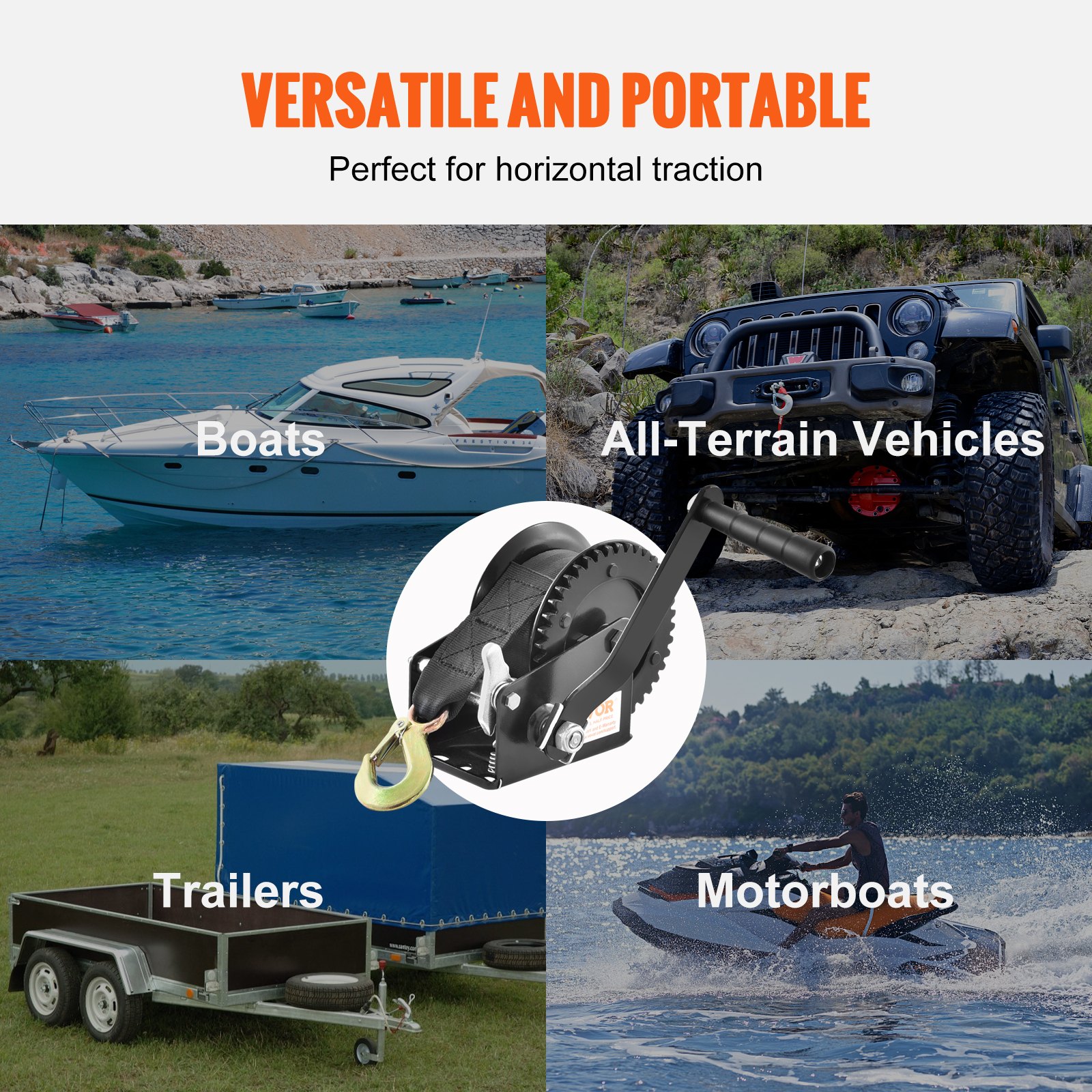 VEVOR Hand Winch, 544.3 kg Pulling Capacity, Boat Trailer Winch Heavy Duty Rope Crank with 7 m Polyester Strap and Two-Way Ratchet, Manual Operated Hand Crank Winch for Trailer, Boat or ATV Towing