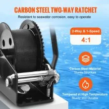 VEVOR Hand Winch, 1600 lbs Pulling Capacity, Boat Trailer Winch Heavy Duty Rope Crank with 33 ft Polyester Strap and Two-Way Ratchet, Manual Operated Hand Crank Winch for Trailer, Boat or ATV Towing
