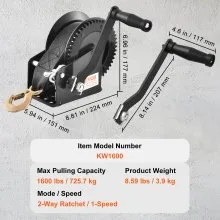 VEVOR Hand Winch, 1600 lbs Pulling Capacity, Boat Trailer Winch Heavy Duty Rope Crank with 33 ft Polyester Strap and Two-Way Ratchet, Manual Operated Hand Crank Winch for Trailer, Boat or ATV Towing