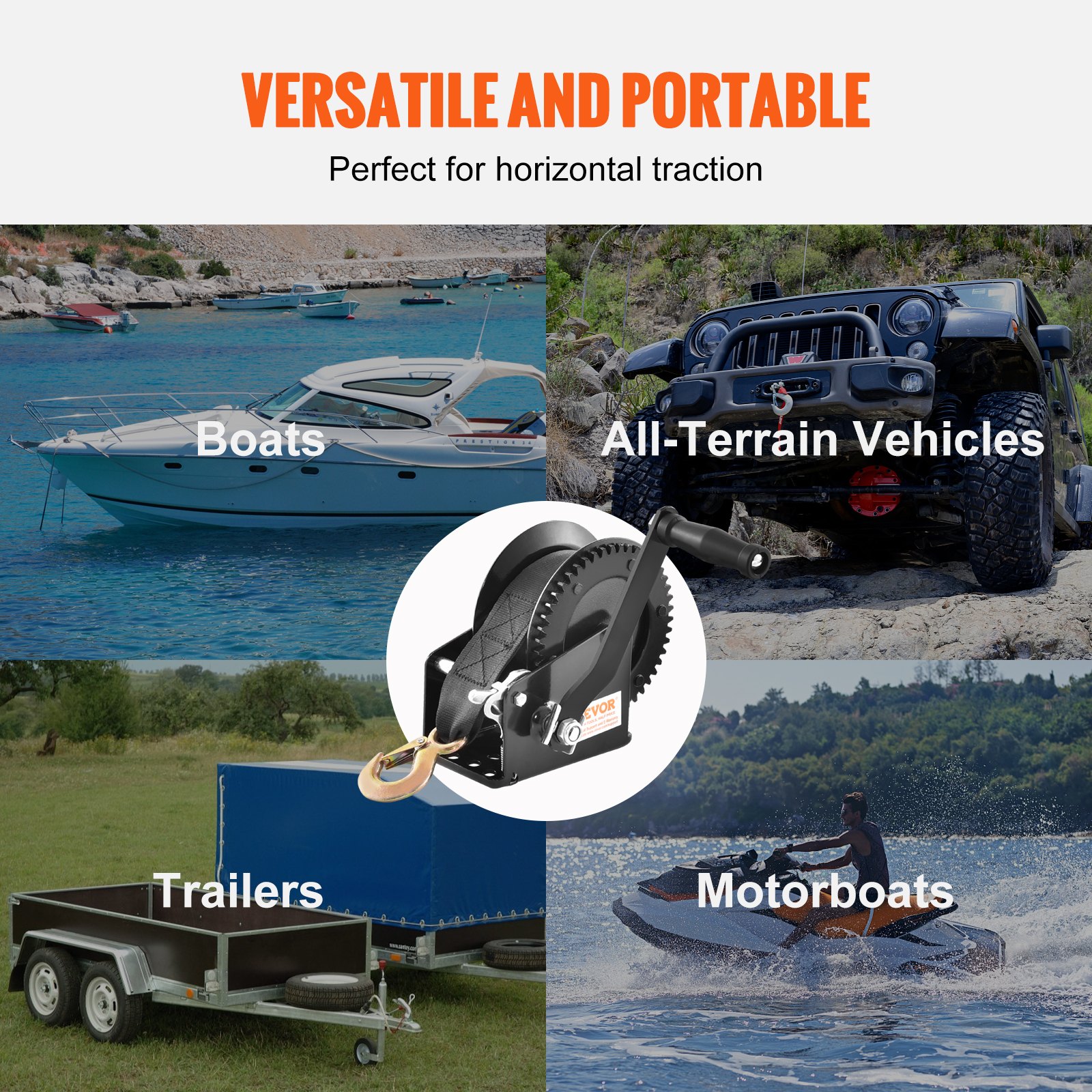 VEVOR Hand Winch, 1600 lbs Pulling Capacity, Boat Trailer Winch Heavy Duty Rope Crank with 33 ft Polyester Strap and Two-Way Ratchet, Manual Operated Hand Crank Winch for Trailer, Boat or ATV Towing