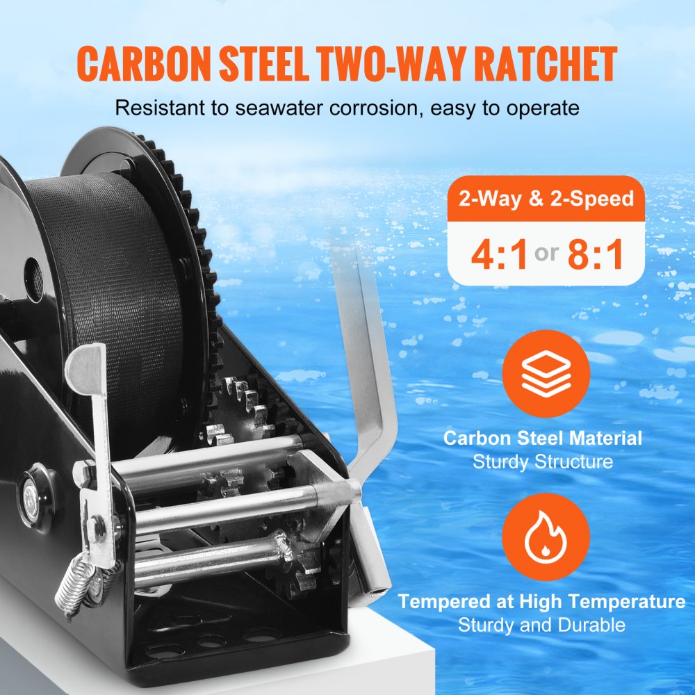 VEVOR Hand Winch, 1587.6 kg Pulling Capacity, Boat Trailer Winch Heavy Duty Rope Crank with 1005.8 cm Polyester Strap and Two-Way Ratchet, Manual Operated Hand Crank Winch for Trailer, Boat or ATV Towing