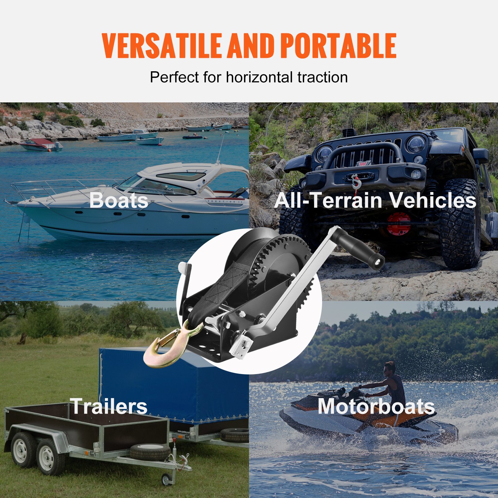VEVOR Hand Winch, 3500 lbs Pulling Capacity, Boat Trailer Winch Heavy Duty Rope Crank with 33 ft Polyester Strap and Two-Way Ratchet, Manual Operated Hand Crank Winch for Trailer, Boat or ATV Towing
