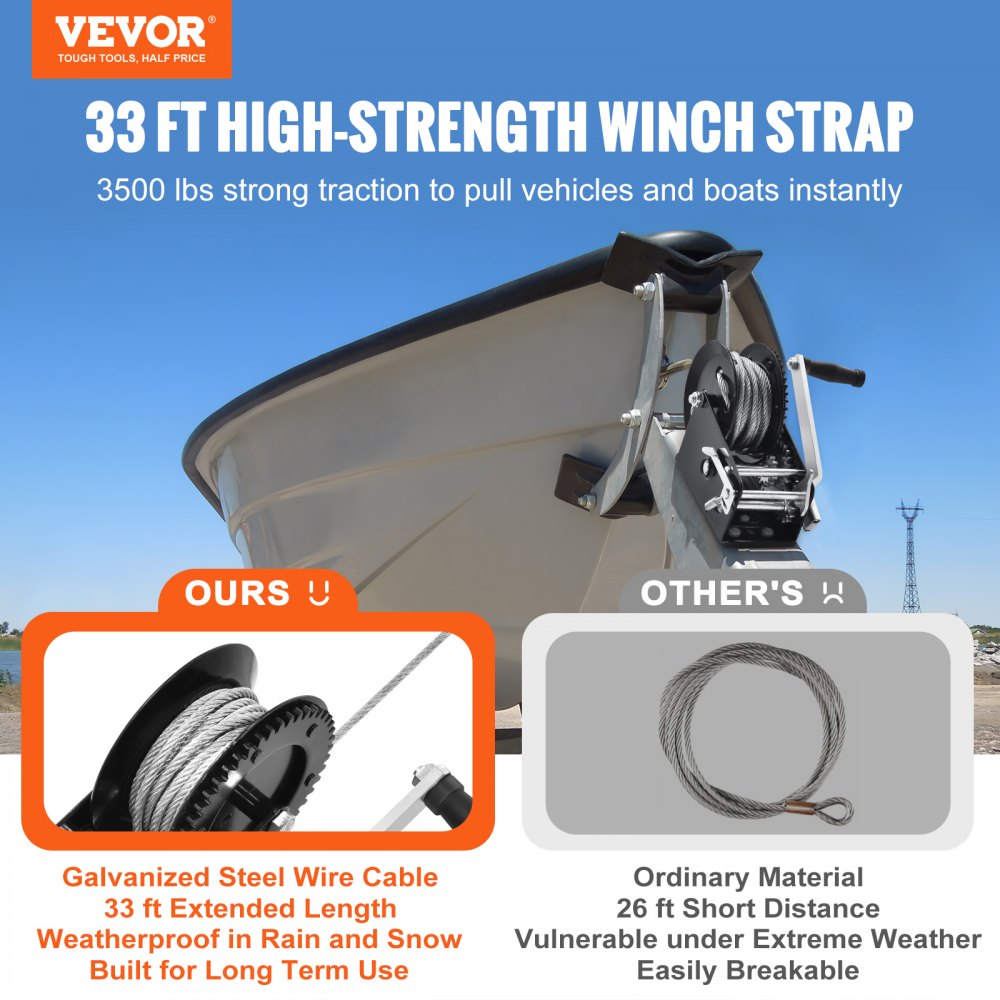 VEVOR Hand Winch, 3500 lbs Pulling Capacity, Boat Trailer Winch Heavy Duty Rope Crank with 33 ft Steel Wire Cable and Two-Way Ratchet, Manual