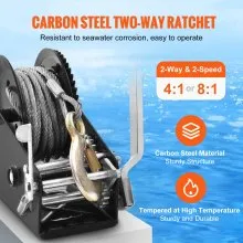 VEVOR Hand Winch, 3500 lbs Pulling Capacity, Boat Trailer Winch Heavy Duty Rope Crank with 33 ft Steel Wire Cable and Two-Way Ratchet, Manual Operated Hand Crank Winch for Trailer, Boat or ATV Towing