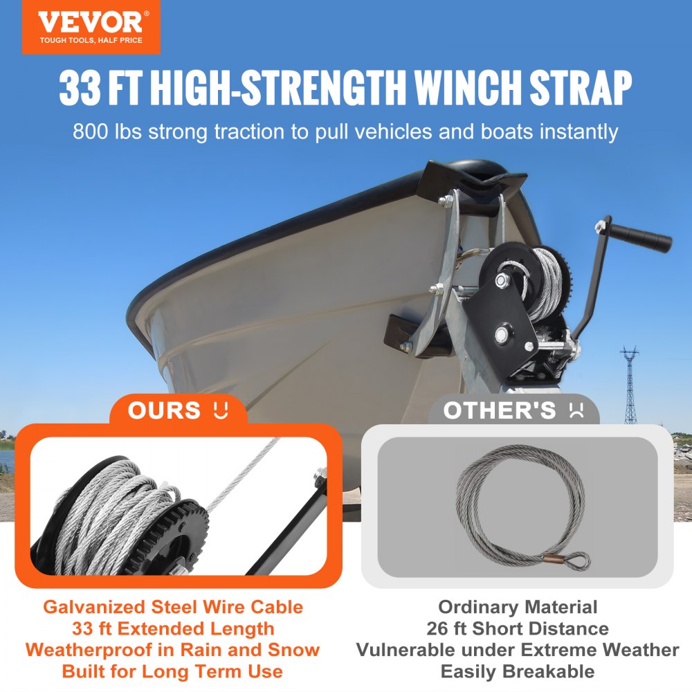 VEVOR Hand Winches, 800LBS, Heavy Duty Rope Crank With 33 Ft Steel Wire Cable And Two-Way Ratchet
